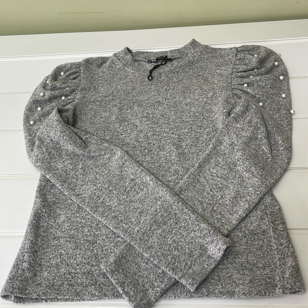 Zara Puff Sleeve Pearl Embellished Long Sleeve Top. Size M